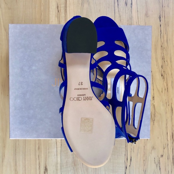 New in Box 💙 Jimmy Choo 37/7 Ren Caged Gladiator Cobalt Blue Suede Sandals - Picture 5 of 9